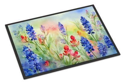 Texas Bluebonnets in Watercolor Doormat Front Door Mat Indoor Outdoor Rugs for Entryway, Non Slip Washable Low Pile, 24H X 36W