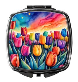 Colorful Tulips Compact Mirror Decorative Travel Makeup Mirror for Women Girls Gifts Pocket Makeup Mirror Folding Handheld