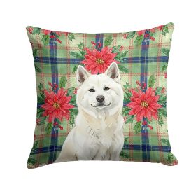 White Akita Christmas PoinsettIas Throw Pillow Decorative Indoor Outdoor Accent Cushion for Couch, Bed or Patio, 14Hx14W