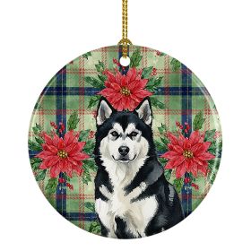 Black and White Alaskan Malamute Christmas PoinsettIas Ceramic Ornament Christmas Tree Hanging Decorations for Home Christmas Holiday, Party, Gif